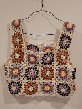 Altar'd State Crochet Patchwork Crop Top in Cream, Size LARGE